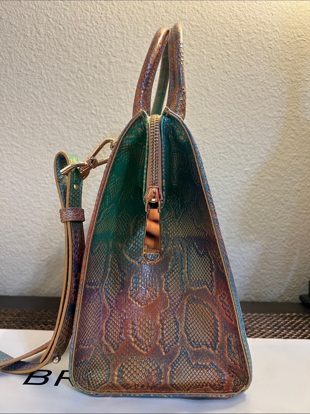 Brahmin Teal Multi Iridescent Python-Embossed Satchel with Matching Card Wallet - Picture 6 of 10